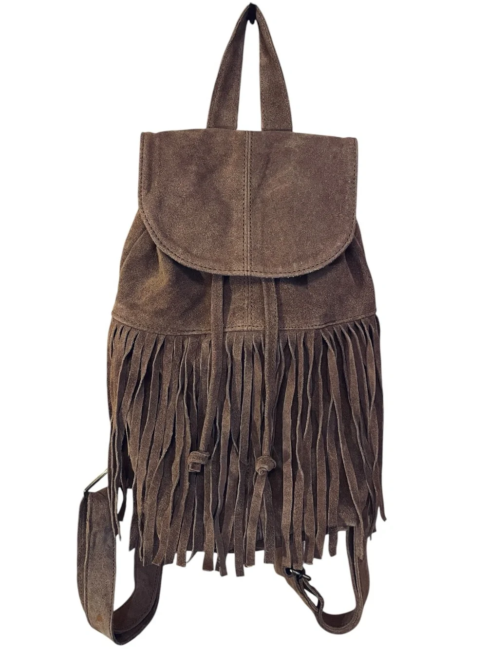 Max New York Brown Suede Leather Fringe Backpack Boho Western
